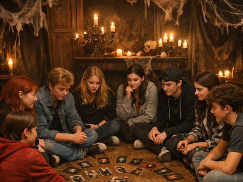 Eine Gruppe von Jugendlichen, die das Spiel Werwölfe von Düsterwald spielen
