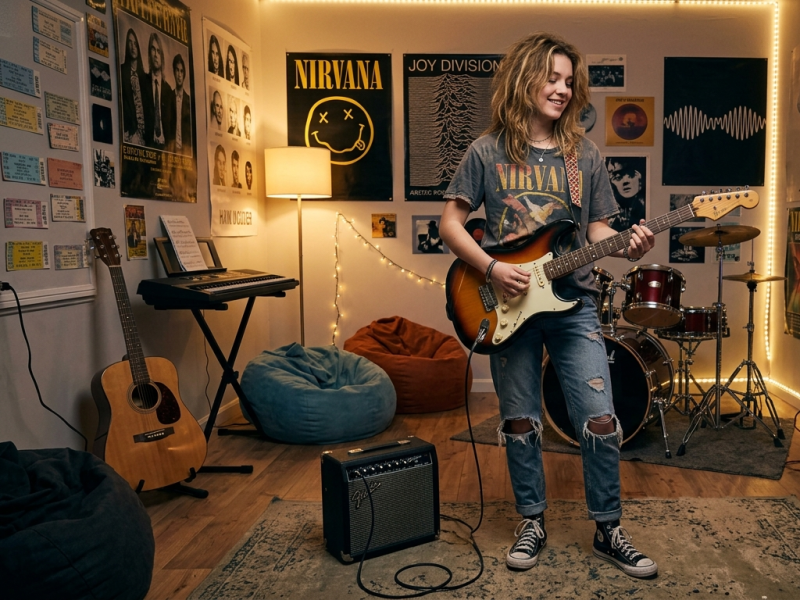 Ein lächelnder Junge spielt e-Gitarre in einem Musikzimmer