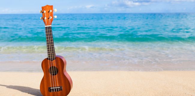 Ukulele steht am Strand