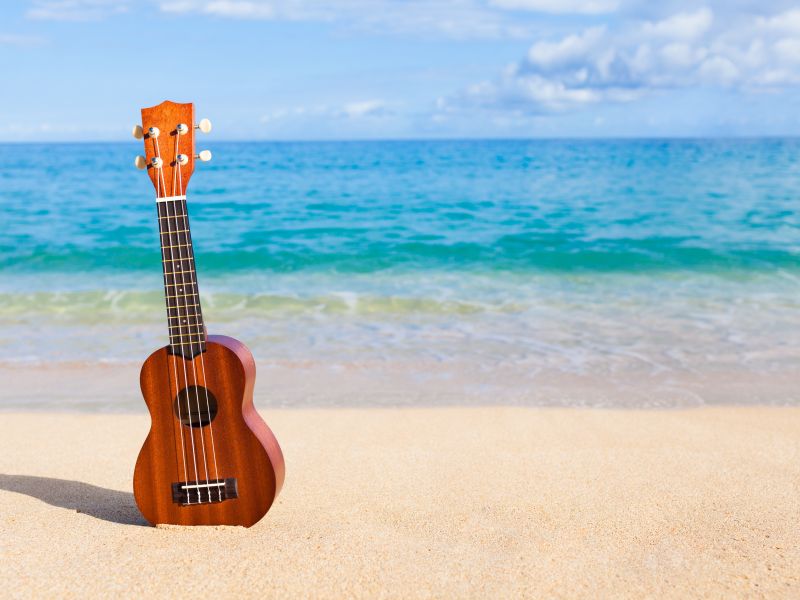 Ukulele steht am Strand